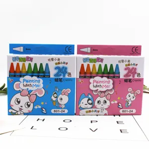 Close-up detail of 24-color crayon packaging boxes with cute rabbit design and bright colors.