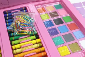 Detailed view of children's art painting set including oil pastels, watercolors, and clips.