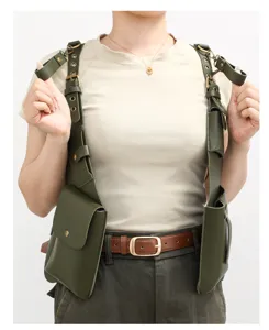 Multi-pocket tactical vest bag, dark green PU leather chest bag for outdoor and fashion styling.