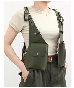 Men multi-functional leather chest bag tactical vest harness bag outdoor mobile phone bag