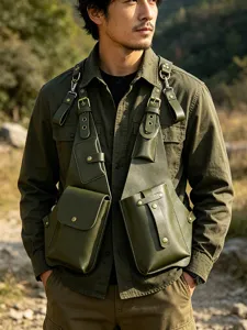 Outdoor tactical chest bag detail shot, featuring multi-pockets, leather material, and adjustable straps.
