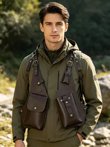 Men multi-pocket tactical chest harness bag PU leather streetwear outdoor hip hop vest