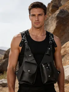 Detailed view of the multi-function tactical vest bag for men, outdoor leather chest holster.