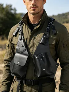 Detail view of men tactical leather holster bag multi-functional chest rig harness style.