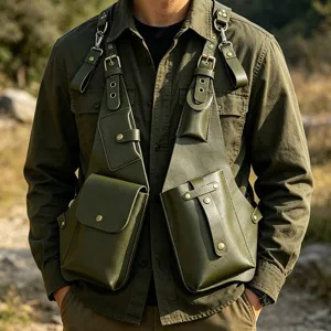 Men Multi-Function Tactical Chest Bag PU Leather Waterproof Retro Outdoor Sports Backpack Harness Vest Bag
