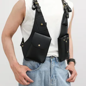Men black PU leather tactical chest bag multi-pocket hip hop vest crossbody bag outdoor