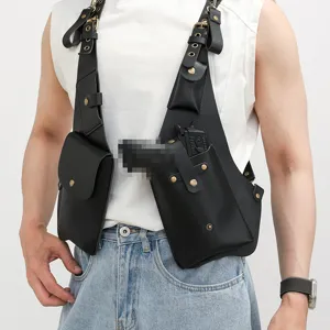 Mens tactical dual shoulder holster bag black PU leather multi-pocket outdoor vest backpack main