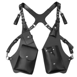 Men's tactical shoulder holster bag, multi-functional PU leather double strap vest harness.
