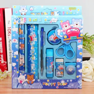 Kinder Schreibwaren Geschenkset 9-teilig niedliches blaues Bär Design Schulbedarf für Schüler.