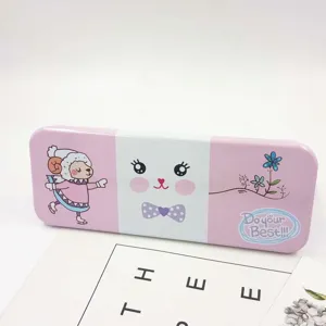 Rosa Cartoon doppelschichtiges Metall-Mäppchen mit süßen Tierillustrationen für Kinder.