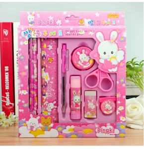 Rosa niedliches Kaninchen Thema Schreibwaren Set Geschenkbox für Kinder mit Schulsachen.