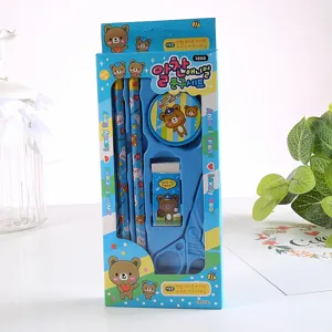 Kids cute cartoon animal stationery set with pencils, eraser, and scissors for school gift.