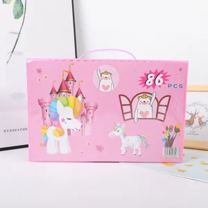 86 Pcs Kids Painting Stationery Set Pink Unicorn Castle Gift Box Art Supplies Drawing Kit