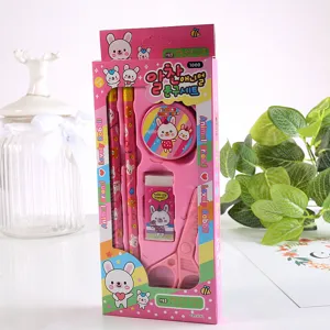Cute cartoon pink stationery set for kids, includes pencils, eraser, and creative learning gifts.