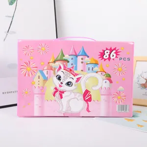Close-up detail of the 86-piece kids painting stationery gift box featuring cute pink design.