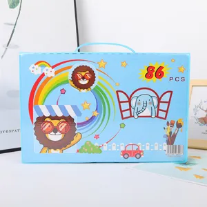 86-piece children drawing stationery set with watercolor pens and brushes in a portable blue case.