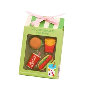 Cute fast food novelty eraser gift box set with hamburger fries and cola designs for kids.