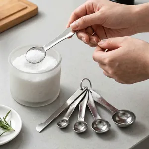 Stainless steel measuring spoon detail shot showing clear engraved capacity markings.