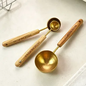 Cuillères à mesurer en acier inoxydable avec manche en bois pour cuisine et pâtisserie.