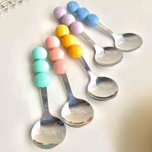 Stainless steel macaron color three bead dessert spoon detail view, cute cake fruit tableware