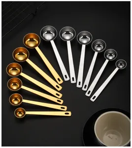 Stainless steel long handle measuring spoons set for coffee, baking, and kitchen use.
