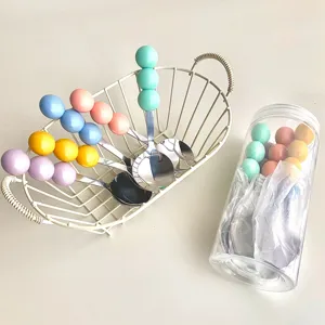 Macaron color three bead stainless steel spoon and fork set with portable storage bucket.
