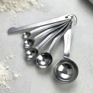 Stainless steel measuring spoon set detail close-up view, ideal for precise baking and kitchen use.