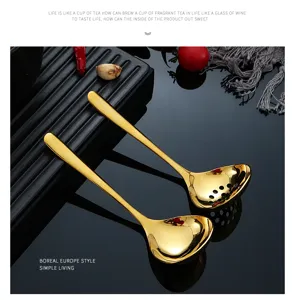 Stainless steel golden soup spoon and colander set, modern kitchen tableware for home dining.