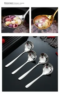 Stainless steel soup spoon and slotted spoon set for kitchen dining and hot pot use.