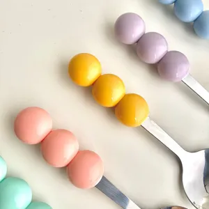 Macaron color 3-ball stainless steel dessert spoon and fruit fork tableware set.