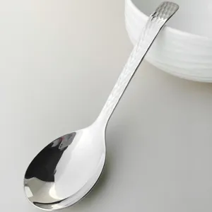 Stainless steel hammered serving spoon detail view, premium kitchen utensil and tableware.