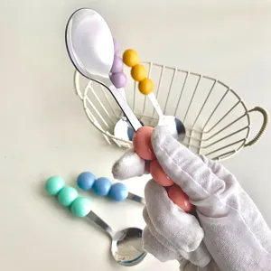 Macaron 3-bead stainless steel spoon, colorful handle cute dessert cake fruit tableware