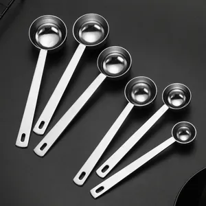 Stainless steel long handled measuring spoon set of 6 for coffee powder and baking spices.