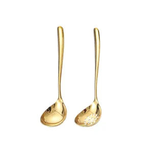 Gold stainless steel soup spoon and colander set, thickened kitchen tableware for restaurant.