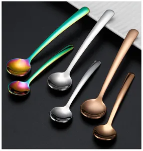 Stainless steel mini coffee spoons detail shot, showcasing colorful metallic luster and round bowl design.