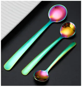 Rainbow stainless steel mini round spoon, creative coffee spoon and salt spoon set.