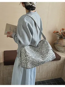 Chic grey leopard print canvas tote bag for women, large capacity stylish casual shoulder bag.