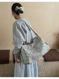Grey leopard print canvas shoulder bag, large capacity tote bag for women daily use.