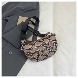 Stylish snake print crossbody bag with wide strap, trendy dumpling shoulder bag for women.