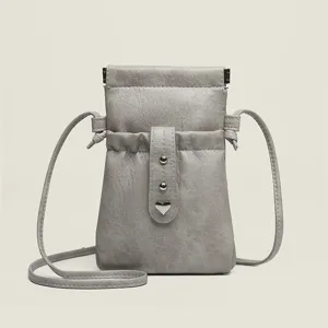 Womens PU Leather Crossbody Phone Bag Simple Solid Color Drawstring Shoulder Bag With Heart Metal Decor Casual Bag