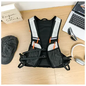 Outdoor running vest backpack detail shot, lightweight sports hydration gear with mesh pockets.