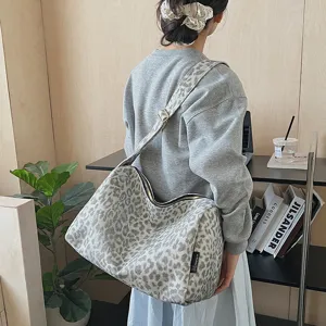 Grey leopard print canvas shoulder bag for women, large capacity stylish hobo pillow tote.