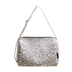 Grey leopard print canvas tote bag, stylish large capacity shoulder handbag for women daily use.