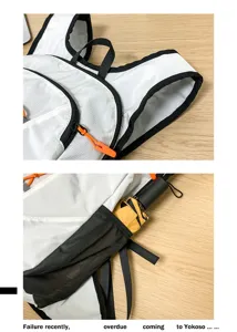 Detail view of lightweight running backpack, breathable mesh pocket and zipper, outdoor gear.
