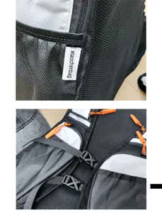 Outdoor running vest backpack mesh pocket strap detail, breathable lightweight gear.