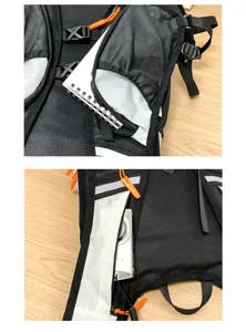 Close-up detail of outdoor running vest pocket, breathable mesh and strap adjustment.