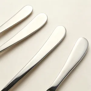 Primo piano dei dettagli di bellissimi cucchiai in acciaio inox dal design elegante
