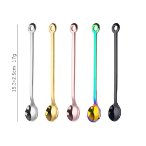 Cuillère à café en acier inoxydable 304 avec long manche et trou rond, ensemble de 5 couleurs.