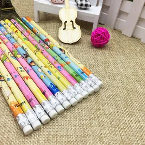 Colorful cartoon wooden pencils with eraser heads, wholesale student stationery set for daily study.