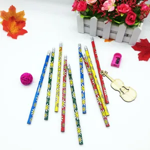 Colorful sunflower cartoon wooden pencils set with eraser for kids student stationery detail view